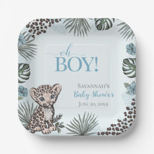Cute Luipaard Welp Blauwe Baby Shower Papieren Bordje