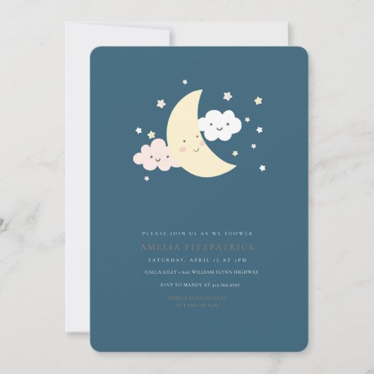 Cute Maan en Ster Baby Shower Uitnodiging Navy (Voorkant)