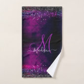 Cute magenta black faux glitter monogram bad handdoek (Handdoek)