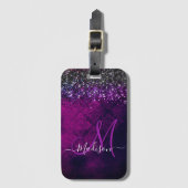 Cute magenta black faux glitter monogram bagagelabel (Voorkant (verticaal))