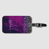 Cute magenta black faux glitter monogram bagagelabel (Voorkant (horizontaal))