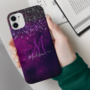 Cute magenta black faux glitter monogram Case-Mate iPhone 14 hoesje