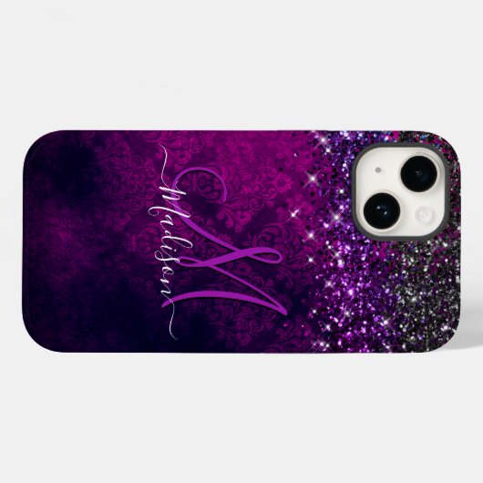 Cute magenta black faux glitter monogram Case-Mate iPhone case (Achterkant (horizontaal))