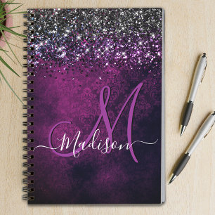 Cute magenta black faux glitter monogram notitieboek