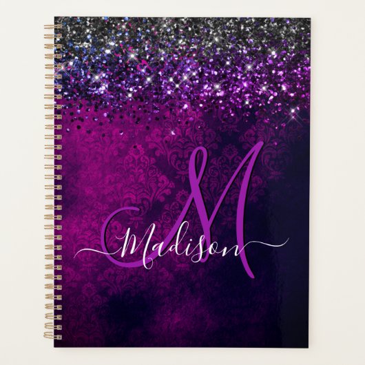 Cute magenta black faux glitter monogram planner (Voorkant)