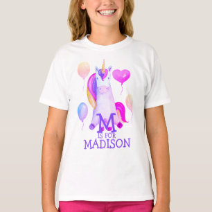 Cute Magical Pink Waterverf Unicorn Name & Letter T-shirt