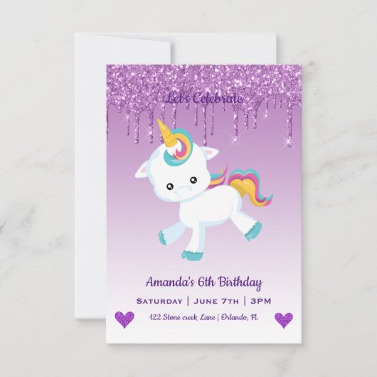 Cute Magical Unicorn & Hearts Birthday Invitation Kaart (Voorkant)