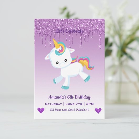 Cute Magical Unicorn & Hearts Birthday Invitation Kaart (Staand voorkant)