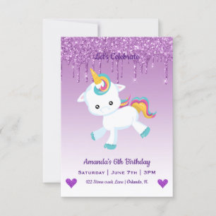 Cute Magical Unicorn & Hearts Birthday Invitation Kaart