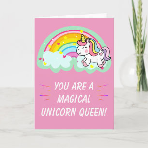 Cute Magical Unicorn Queen Pink Birthday Kaart