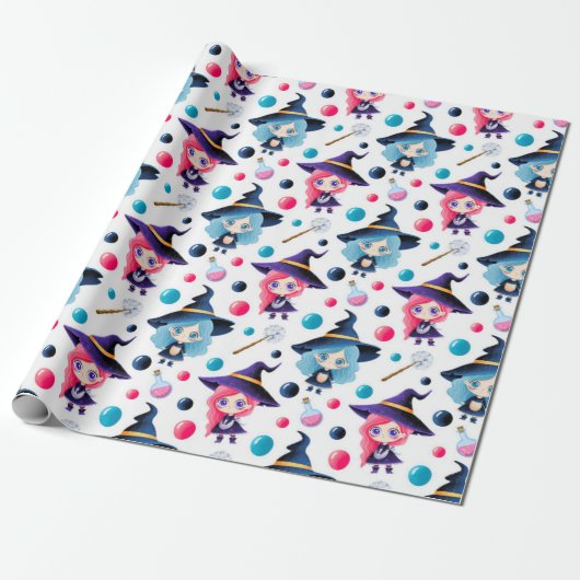 Cute Magical Witch Pattern Cadeaupapier (Uitgerold)