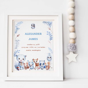 Cute Magical Woodland Animals Birth Stats Boy Baby Poster
