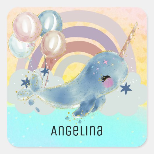 Cute Magical Zee Unicorn Custom Name Vierkante Sticker (Voorkant)