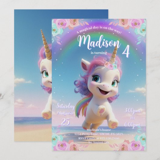 Cute Magique Unicorn Invitation Anniversaire (Devant / Derrière)