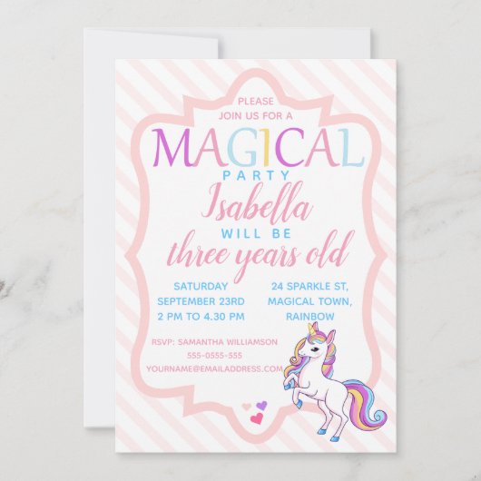 Cute Magique Unicorn rose Anniversaire Invitation (Devant)