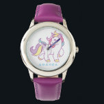 Cute Magique Unicorne Personnalisée<br><div class="desc">Montre personnalisée avec une mignonne licorne magique en pastel sur arrière - plan blanc. Design sympa et amusant pour une fille qui aime les licornes et les poneys magiques. Cadeau monogrammé personnalisé.</div>