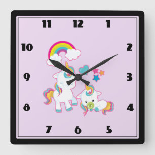 Cute Mama & Baby Unicorn Magical Illustration Vierkante Klok
