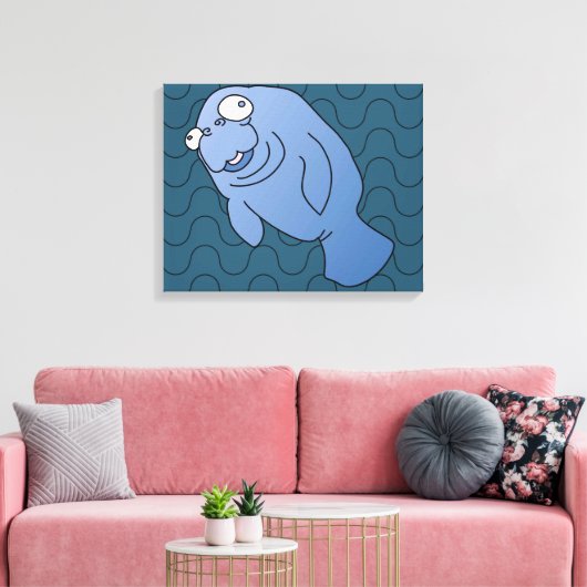 Cute Manatee Hugger Cartoon Animal Canvas Afdruk (Insitu (Woonkamer))