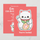 Cute Maneki Neko Birthday Party Kaart (Voorkant / Achterkant)