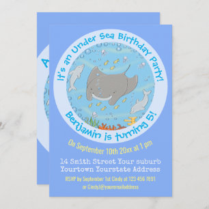 Cute manta ray and dolphins cartoon kaart