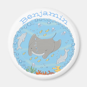 Cute manta ray and dolphins cartoon magneet