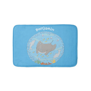 Cute manta ray en bubbles cartoon illustratie badmat