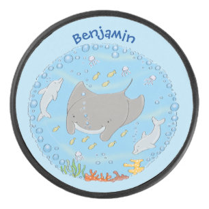Cute manta ray en bubbles cartoon illustratie hockey puck