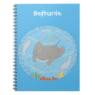 Cute manta ray en bubbles cartoon illustratie notitieboek