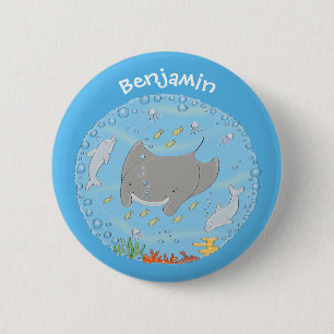 Cute manta ray en bubbles cartoon illustratie ronde button 5,7 cm
