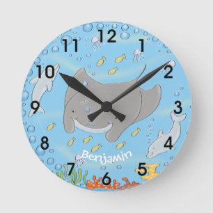 Cute manta ray en bubbles cartoon illustratie ronde klok