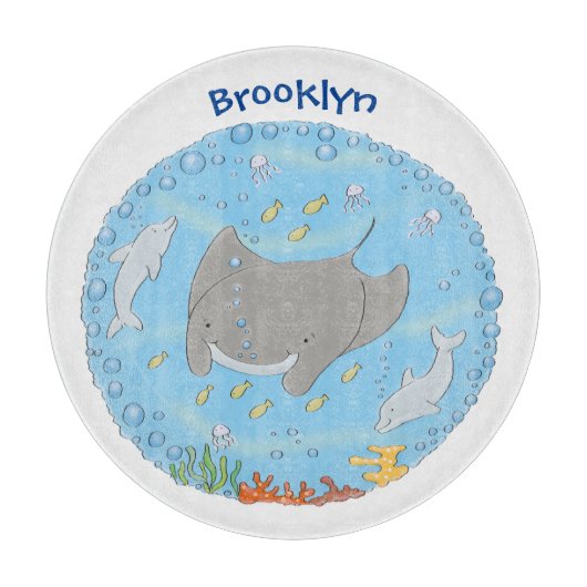 Cute manta ray en bubbles cartoon illustratie snijplank (Voorkant)