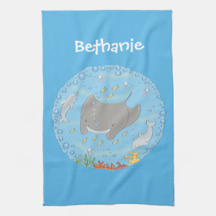 Cute manta ray en bubbles cartoon illustratie theedoek