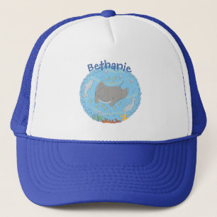 Cute manta ray en bubbles cartoon illustratie trucker pet