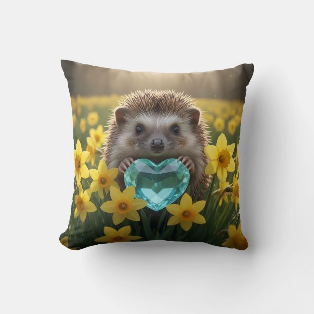 Cute March Hedgehog with Aquamarine Heart Kussen (Voorkant)