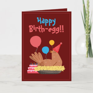Cute Maroon Funny Chicken and Cake Humor Birthday Kaart