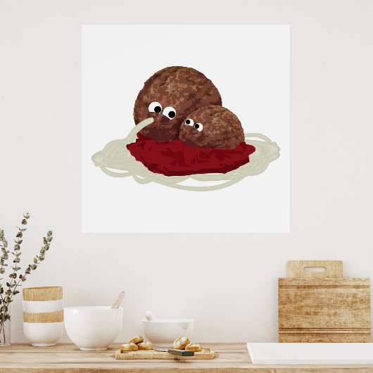 Cute Meatball Eating Spaghetti Poster (Keuken)