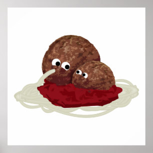 Cute Meatball Eating Spaghetti Poster
