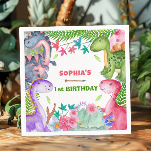 Cute meisje dinosaurus 1e verjaardagsfeestje servet