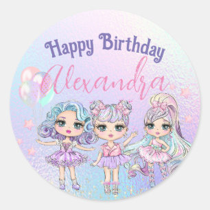 Cute Meisje Glitter Poppen Holografisch Verjaardag Ronde Sticker