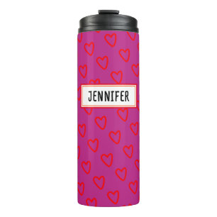 Cute Meisjesachtig Roze Rood Hart Patroon Met Naam Thermosbeker