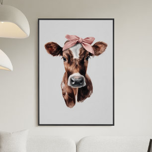 Cute Meisjesachtige Roze Strik Bruine en Witte Koe Perfect Poster