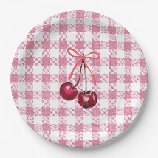 Cute Meisjesachtige Strik Kersen Roze Gingham Plai Papieren Bordje (Voorkant)