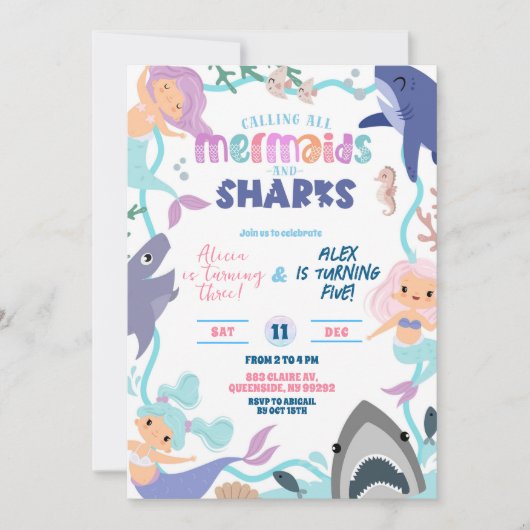 Cute Memaid and Sharks Joint Birthday invitation (Devant)