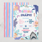 Cute Memaid and Sharks Joint Birthday invitation (Devant / Derrière)