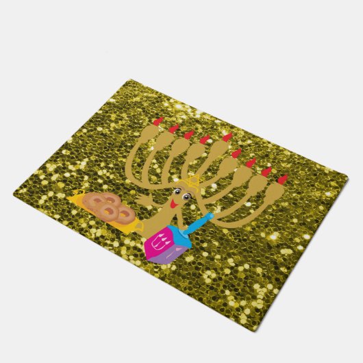 Cute Menorah & Dreidel Gold Faux Glitter Deurmat (Schuin)