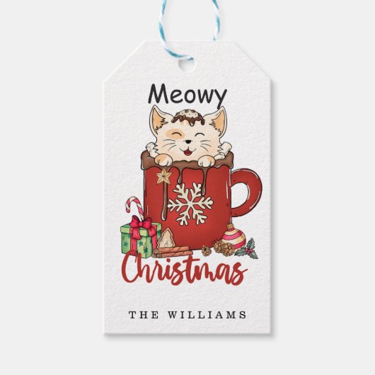 Cute Meowy kerstchocolade koffie Cadeaulabel (Voorkant)