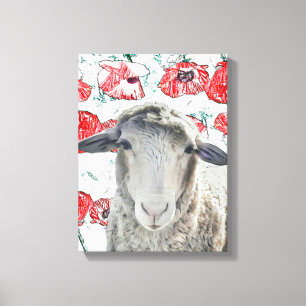 Cute Merino Sheep Animal Red Poppy Flowers Canvas Afdruk