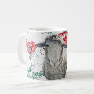 Cute Merino Sheep Animal Red Poppy Flowers Koffiemok