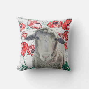 Cute Merino Sheep Animal Red Poppy Flowers Kussen