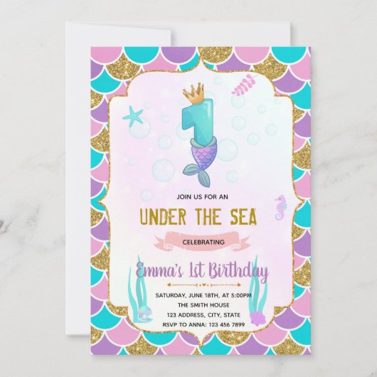 Cute mermaid 1ère invitation anniversaire (Devant)